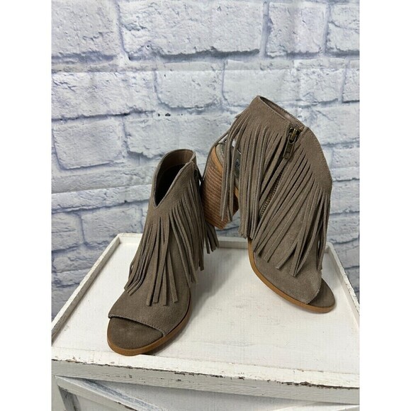 Steve Madden Women 7M Taupe Boot Suede Leather Zip Open Toe Fringe Heeled Bootie - Picture 3 of 12